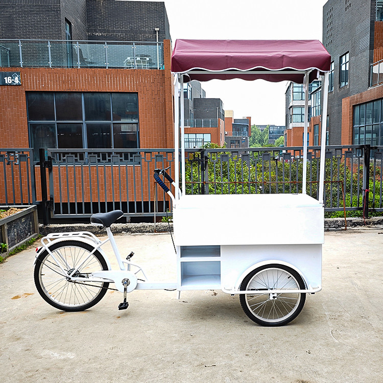 冷たい飲み物冷凍庫とビデオ技術サポート付きの屋外移動式ファーストフード三輪車